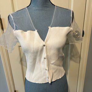 FOREVER 21  LADIES SIZE LARGE SHEER & RIBBED KNIT CROP TOP  WHITE